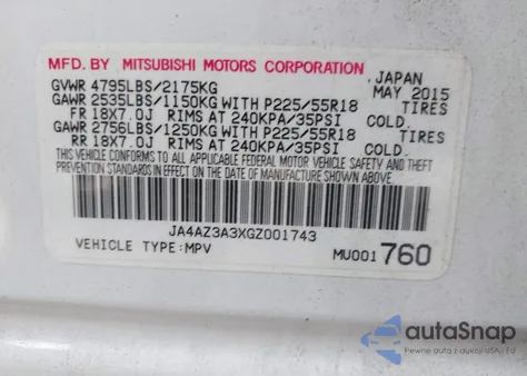 2016 Mitsubishi Outlander Sel из США, поврежденный, VIN JA4AZ3A3XGZ001743